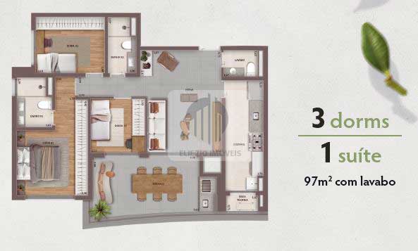 Planta 97m² com lavabo 3 Dorms. 1 suite