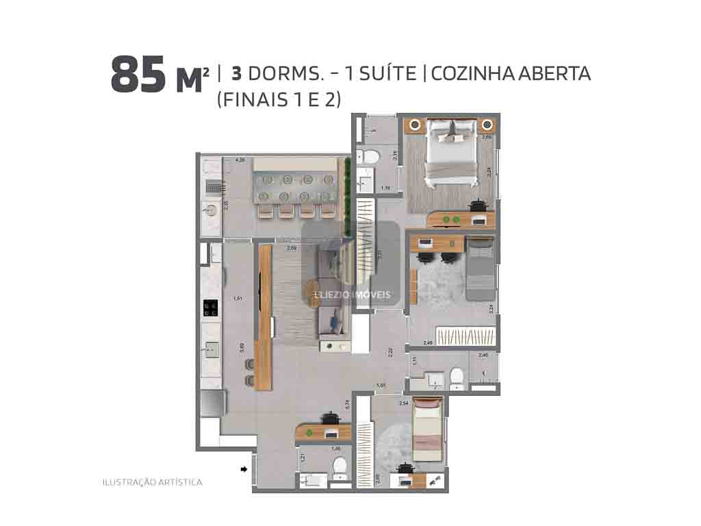 Planta de 85m², 3 Dorms, 1 Suíte, Cozinha Aberta