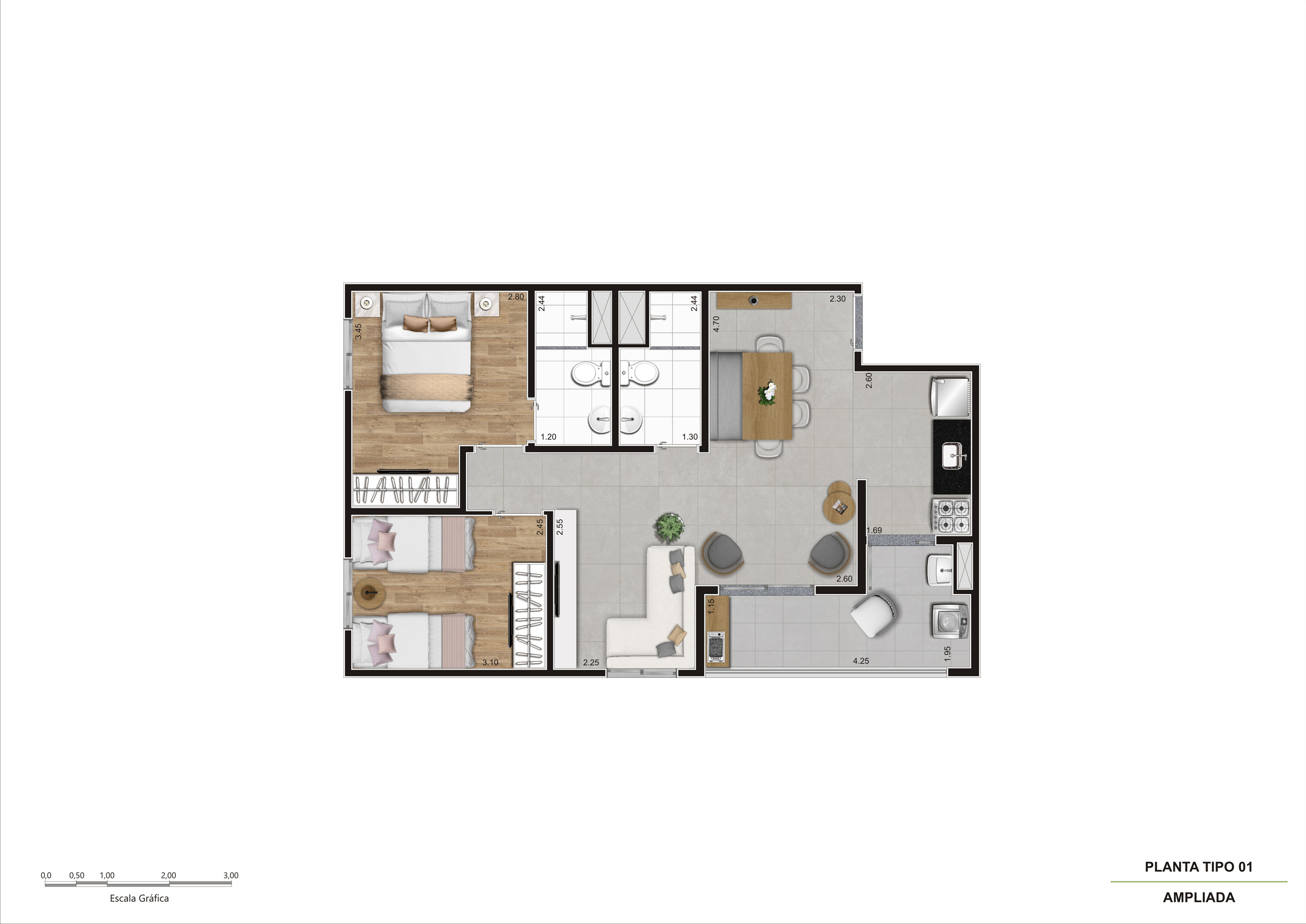 Planta Tipo 01 Ampliada — 60m²