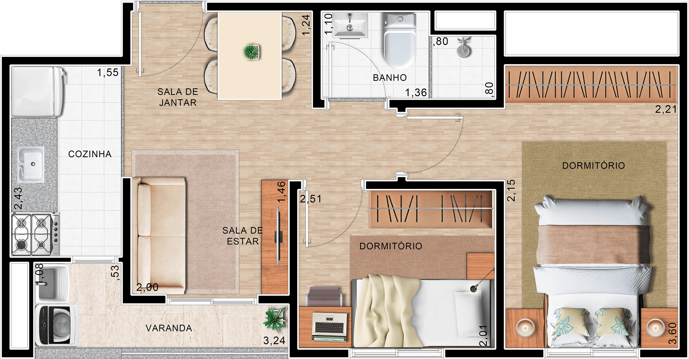 Planta do apartamento de 2 dormitórios do Abiatar Conecta